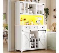 PUGSDRLY Buffet de Cuisine avec éclairage LED,Vitrine,Meuble de Rangement avec étagères réglables et casier à vin,Buffet Haut pour Cuisine,Salon et Salles à Manger,105x38.4x180cm (Blanc-A)