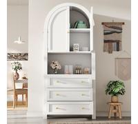 PUGSDRLY Buffet Haut Salon avec 2 Portes et 3 Tiroirs,Buffet Salle a Manger en Forme d'arc,Meuble de Cuisine Rangement,Armoire de Rangement avec Zone d'exposition Ouverte (Blanc, 70x35x180cm)