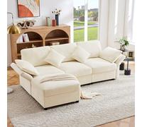 PUGSDRLY Canape 3 Places,Canapé d'angle,Canapé Modulable avec Pouf Amovible,Accoudoirs Réglables,4 Coussins,Chenille,pour Salon Bureau Appartement (B-Beige)