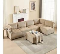 PUGSDRLY Canapé Convertible 6 Places,Canapé d'angle Convertible en U/L,canapé Lit Modulable avec Poche Latérale,Velours Côtelé Confortable,pour Salons,Chambres (Kaki)