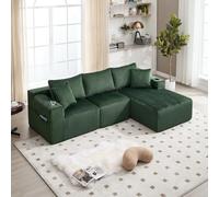 PUGSDRLY Canapé d'angle 3 Places,Canapé Modulable avec 5 Coussins,Porte-gobelets,Poches Latérales,Mousse Haute Densité,Velours Côtelé Confortable,pour Bureau Chambre(Émeraude)