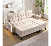 PUGSDRLY Canapé d'angle 3 Places en Tissu Chenille avec Pouf,Canapé Modulable en L avec Éclairage d'ambiance LED et Port USB,pour Salon et Home Cinéma (Beige-A)