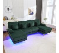 PUGSDRLY Canapé d'angle 4 Places en U avec LED Réglable,Ports USB-C,4 Coussin Confortable,2 Méridienne,Canapé d'angle,Meubles de Salon pour Salon,Bureau (Émeraude)