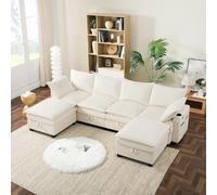 PUGSDRLY Canapé d'angle 6 Places 280X152X83CM,Canapé Panoramique Modulable avec 2 Tabouret de Rangement Mobile,Port USB,Porte-gobelets,Velours Côtelé,pour Salon,Bureau (Beige)