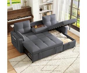 PUGSDRLY Canapé d'angle Convertible 3 Places,Canapé Modulable avec Meridienne de Rangement,Porte-gobelets et Palette Coulissants,2 Coussins,Poche Latérale,Lin,pour Salon,Bureau(Gris)