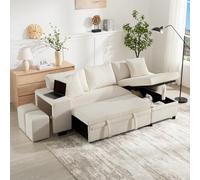 PUGSDRLY Canapé d'angle Convertible 3 Places en L avec Ports USB,Accoudoirs élargis,2 Tabourets,étagère,Canapé Convertible,Canape Lit avec 2 Coussin,pour Bureau,Appartement (Beige)