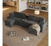 PUGSDRLY Canapé d'angle en Velours Côtelé en Forme de U avec Pouf de Rangement,Table Basse, Porte-Gobelets,Ports USB,Ports Type-C et Prises Électriques (Gray)