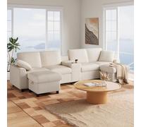 PUGSDRLY Canapé d'angle en Velours Côtelé en Forme de U avec Pouf de Rangement,Table Basse, Porte-Gobelets,Ports USB,Ports Type-C et Prises Électriques (Beige)