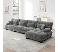 PUGSDRLY Canapé d'angle modulable 4 Places en Chenille, Ensemble en L avec Pouf Mobile, assises Cloud rembourrées, Design Rond élégant pour Salon (Grey)