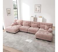 PUGSDRLY Canapé d'angle modulable 4 Places en Chenille, Ensemble en U avec Pouf Mobile, assises Cloud rembourrées, Design Rond élégant pour Salon (Pink)