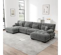 PUGSDRLY Canapé d'angle modulable 4 Places en Chenille, Ensemble en U avec Pouf Mobile, assises Cloud rembourrées, Design Rond élégant pour Salon (Grey)