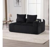 PUGSDRLY Canapé en Velours côtelé Moderne avec 2 Coussins, 2 Poches latérales, Canapé de Loisirs Modular 2 Places avec 2 Porte-gobelet, Canapé d'angle pour Salon, Bureau (Black)