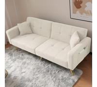 PUGSDRLY Canapé-lit Convertible 175x64x72cm, Dossier inclinable, Poches latérales de Rangement, Canapé d'angle avec 2 Coussins, Pieds dorés, pour Salon, Chambre ou Bureau (White)
