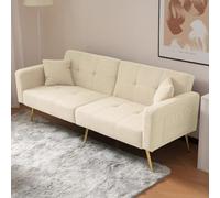 PUGSDRLY Canapé-lit Convertible 175x64x72cm, Dossier inclinable, Poches latérales de Rangement, Canapé d'angle avec 2 Coussins, Pieds dorés, pour Salon, Chambre ou Bureau (Beige)