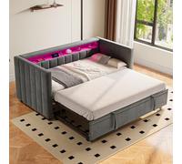 PUGSDRLY Canape Lit Convertible 2 Places 90x190cm,Cadre de Lit Double avec lit Gogigne,Éclairage LED Réglable,Ports USB,Étagère,Sommier à Lattes Solide,pour Enfants Adolescents(B-Gris foncé)