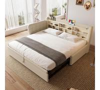 PUGSDRLY Canapé Lit Convertible 90/180x200cm avec Compartiment de Rangement et Port USB Type-C,Lit escamotable Multifonctionnel avec Sommier à Lattes,Tissu de Lin,sans Matelas (Beige-B)
