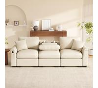 PUGSDRLY Canapé Moderne Trois Places en Chenille avec Coussins, canapé Multifonctionnel équipé d'une Table Rabattable avec Ports USB, Porte-gobelets et Espace de Rangement (Beige)