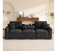 PUGSDRLY Canapé Moderne Trois Places en Chenille avec Coussins, canapé Multifonctionnel équipé d'une Table Rabattable avec Ports USB, Porte-gobelets et Espace de Rangement (Grey)