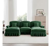 PUGSDRLY Canapé modulable en U en Tissu Moelleux pour Le Salon, avec accoudoirs évasés vers l'extérieur, Jupe à Volants Amovible, Pieds effilés et Repose-Pieds Mobile (Green, 3 Seat +2 Footstool)