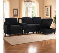 PUGSDRLY Canapé Trois Places en Velours Côtelé avec Console Centrale Amovible, Porte-Gobelets,Compartiments de Rangement,Ports USB-C,Poches Latérales,Tiroirs et Repose-Pieds Amovible (Black)