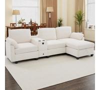 PUGSDRLY Canapé Trois Places en Velours Côtelé avec Console Centrale Amovible, Porte-Gobelets,Compartiments de Rangement,Ports USB-C,Poches Latérales,Tiroirs et Repose-Pieds Amovible (Beige)