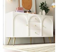 PUGSDRLY Commode à 2 Portes et 3 tiroirs - Commode de Rangement avec tiroirs - Blanc - Buffet avec étagères réglables - pour Salon et Chambre à Coucher - Crème (H 84 x l 140 x P 40 cm)