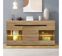 PUGSDRLY Commode avec 3 Tiroirs et 3 Portes,Meuble Rangement Salon,Buffet Salon avec lumière LED,Buffet Salle a Manger,Moderne Commode pour de Multiples Scénarios,Oak 140x35x80cm