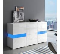 PUGSDRLY Commode avec 4 Tiroirs et 2 Portes,Meuble Rangement Salon,Buffet Salon avec lumière LED,Buffet Salle a Manger,Moderne Commode Blanche pour de Multiples Scénarios 140x35x72cm