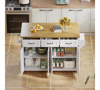 PUGSDRLY Desserte Cuisine à 5 roulettes 140x70x90.5cm,Îlot Central Cuisine avec Plan de Travail Pliable,3 Tiroirs,étagères réglables,Porte-épices,pour Salles à Manger(C-Blanc)