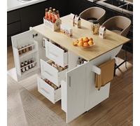 PUGSDRLY Desserte Cuisine avec roulettes,Buffet Cuisine de Rangement avec Plateau de Table Pliable,Chariot de Repas,3 Tiroirs et 2 Porte,Espace de Rangement Multifonctionnel (Blanc-C)