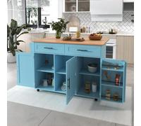 PUGSDRLY Desserte de Cuisine à roulettes,Buffet Meuble Cuisine avec Plateau de Table Pliable,2 Tiroirs et 3 Portes,Roulette ou Pieds en Bois Massif,Design de la Porte du Réfrigérateur (Bleu-B)