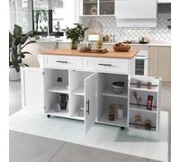 PUGSDRLY Desserte de Cuisine à roulettes,Buffet Meuble Cuisine avec Plateau de Table Pliable,2 Tiroirs et 3 Portes,Roulette ou Pieds en Bois Massif,Design de la Porte du Réfrigérateur (Blanc-B)