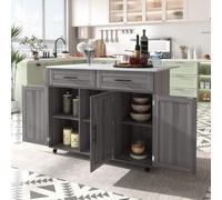 PUGSDRLY Desserte de Cuisine à roulettes,Buffet Meuble,îlot de Cuisine avec Plateau de Table Pliable,2 Tiroirs et 3 Portes,Roulette ou Pieds en Bois Massif (Gris-C)