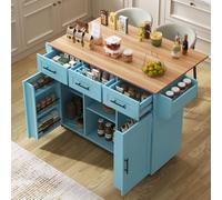 PUGSDRLY Desserte de Cuisine à roulettes,Buffet Meuble,îlot de Cuisine avec Plateau de Table Pliable,3 Tiroirs et 2 Portes,Roulette ou Pieds en Bois Massif (Bleu-F)