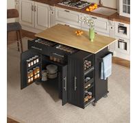 PUGSDRLY Desserte de Cuisine à roulettes,Buffet Meuble,îlot de Cuisine avec Plateau de Table Pliable,3 Tiroirs et 2 Portes,Organiseur à 3 Niveaux coulissants (Noir-I)