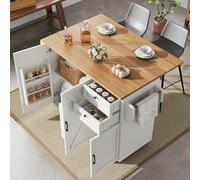 PUGSDRLY Desserte ilôt de Cuisine avec roulettes,Buffet Cuisine de Rangement avec Plateau de Table Pliable,Chariot de Repas,2 Tiroirs et 3 Portes,Espace de Rangement Multifonctionnel (Blanc-C)