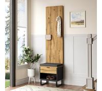 PUGSDRLY Ensemble de Rangement d'Entrée 50×38×210 cm avec Banc à Chaussures et Coussin Gris, Armoire en Panneau Effet Chêne avec Cadre en Fer Noir, Patères Avant et Tiroir