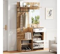PUGSDRLY Ensemble de vestiaire Comprenant Un Miroir 100 * 38.5 * 190cm, Un Tabouret à Chaussures, Une Armoire à Chaussures, Une Armoire d'entrée, des étagères suspendues,White+Natural