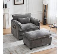 PUGSDRLY Grand Fauteuil Salon avec Pouf Rangement,Grand Coussin et Poche Latérale,Fauteuil Relax de Lecture,Chaises Salon Confortable pour Salon,Chambre Appartement(Gris)