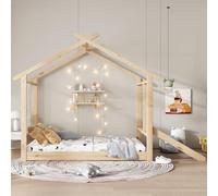 PUGSDRLY Houten Kinderbed in Blokhutstijl 90x200cm met Glijbaan en Beschrijfbaar Wit Bord,Stevige Lattenbodem Die Past bij Verschillende Stijlen Kinderkamers