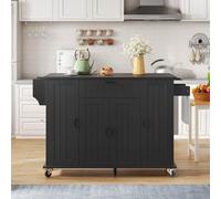 PUGSDRLY Îlot de Cuisine avec Plan de Travail Rabattable et roulettes, 4 Portes + 1 Tiroir de Rangement et Étagères à Épices Intégrées dans Les Portes (Black)