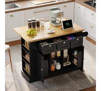 PUGSDRLY îlot de Cuisine avec Plateau de Table Pliable,Buffet Meuble,Desserte de Cuisine à roulettes,3 Tiroirs et 2 Portes,Prise intégrée,Porte-Serviettes (Noir-G)