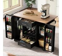 PUGSDRLY îlot de Cuisine avec Plateau de Table Pliable,Buffet Meuble,Desserte de Cuisine à roulettes,2 Tiroirs et 2 Portes,avec Casier à Bouteilles,Porte-Verres (Noir-D)