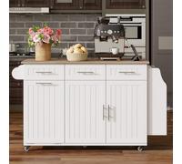 PUGSDRLY Îlot de Cuisine Mobile sur roulettes avec 3 tiroirs, 2 Portes, Chariot de Cuisine avec Emplacement pour Poubelle et Prises électriques, Meuble de Cuisine avec rallonge, Espace Ouvert