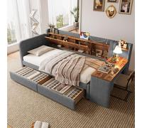 PUGSDRLY Lit 1 Place 90x200cm avec Bureau et Compartiment de Rangement,Canapé Lit avec 2 Tiroirs et Port USB Type-C,Sommier à Lattes,Tissu de Lin,pour Enfant Adolescent,sans Matelas (Gris-A)