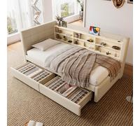 PUGSDRLY Lit 1 Place 90x200cm avec Compartiment de Rangement et 2 Tiroirs,Canapé Lit avec Port USB Type-C et Sommier à Lattes,Tissu de Lin,pour Enfant Adolescent,sans Matelas (Beige-C)