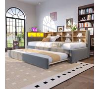 PUGSDRLY Lit 1 Place 90x200cm avec lit gigogne 90x190 et Compartiments de Rangement,Canapé Lit avec Lampes LED,Prise électrique et Port USB,pour Enfant Adolescent Adulte,sans Matelas (Gris foncé-90B)