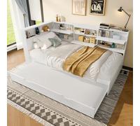 PUGSDRLY Lit 1 Place 90x200cm avec lit gigogne 90x190cm,Lit 1 Personne avec Compartiment de Rangement,Tête avec Port USB et Prise électrique,sans Matelas (90)