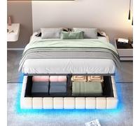 PUGSDRLY Lit 160x200cm sans Tête de lit avec éclairage LED et Espace de Rangement,Lit Double Coffre Capitonné Multifonctionnel,sans Matelas (Beige, 160x200)
