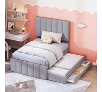 PUGSDRLY Lit 90x200 avec 3 tiroirs et lit gigogne 90x190cm,Lit 1 Place avec Sommier à Lattes,Tissu de Lin,Tête Capitonné,pour Enfant Adolescent Adulte,sans Matelas (Gray)